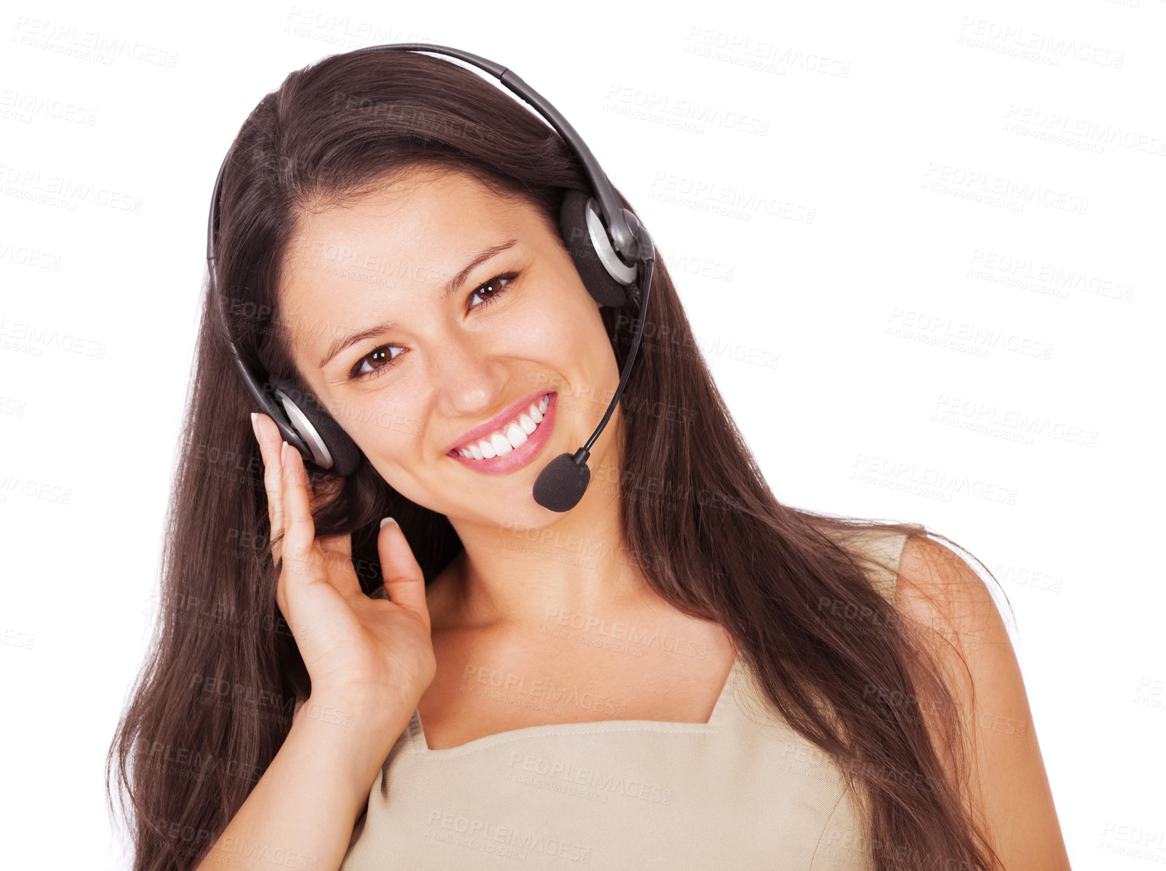 Buy stock photo A young businesswoman smiling while isolated on white