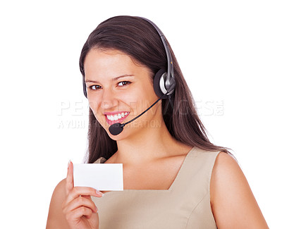 Buy stock photo Woman, portrait and headset with business card or telemarketing communication, contract us or information. Female person, paper or white background in studio or customer service, consulting or mockup