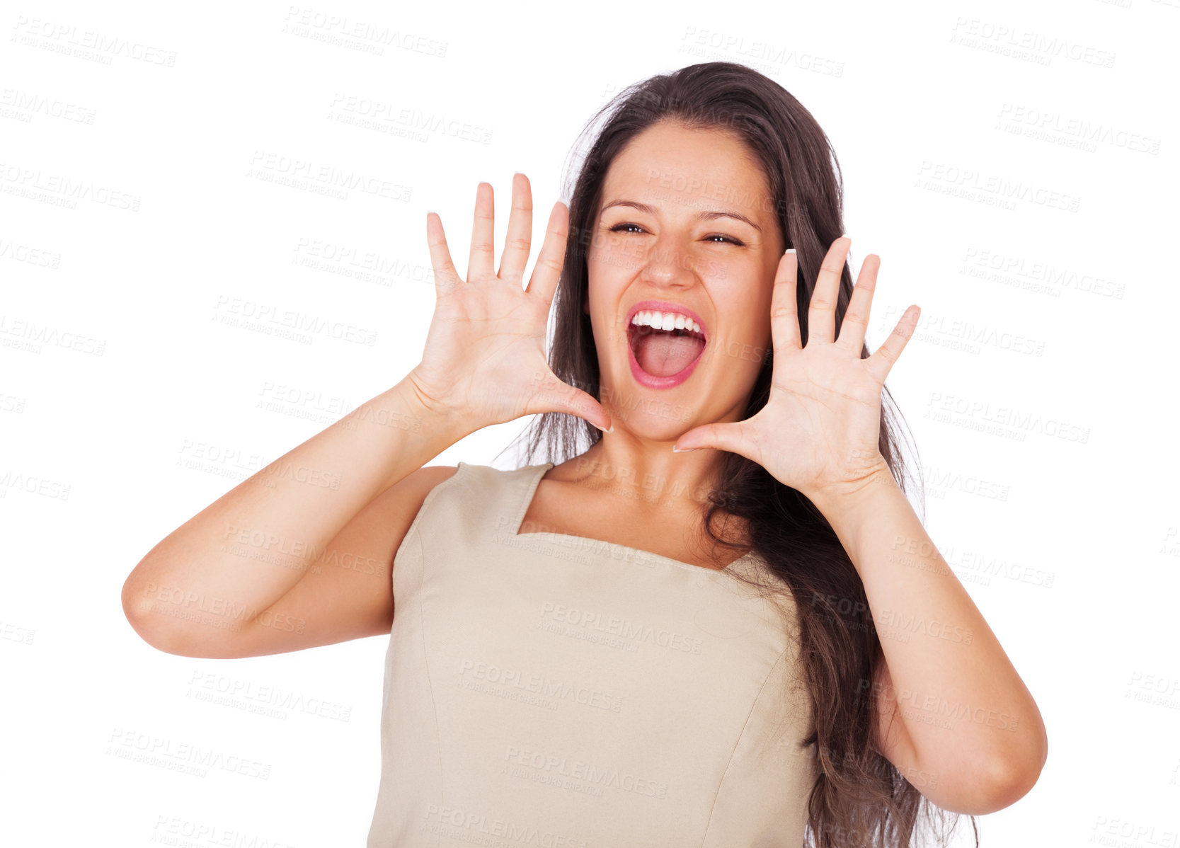 Buy stock photo A young businesswoman smiling and shouting while isolated on white