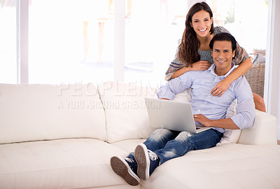 Buy stock photo Portrait, relax and happy couple on sofa with laptop for internet, browse and search for movie subscription. Smile, woman and man on couch together on app for online streaming, love and entertainment