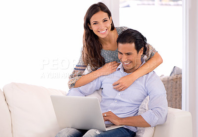 Buy stock photo Portrait, smile and couple on sofa with laptop for internet, browse and search for movie subscription. Relax, happy woman and man on couch together on app for online streaming, love and entertainment
