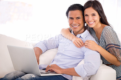 Buy stock photo Portrait, smile and happy couple on couch with laptop for internet, browse and search on movie subscription. Relax, woman and man on couch together on app for online streaming, love and entertainment