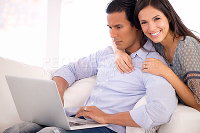Buy stock photo Portrait, man and happy woman on sofa with laptop for internet, browse and search for movie subscription. Relax, smile and couple on couch together on app for online streaming, love and entertainment