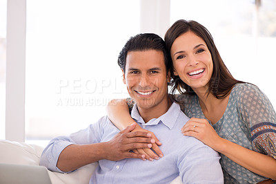 Buy stock photo Relax, hug and portrait of happy couple in home for weekend bonding, romance and connection on sofa. Love, support and trust in marriage, man and woman on couch with embrace, wellness and smile.