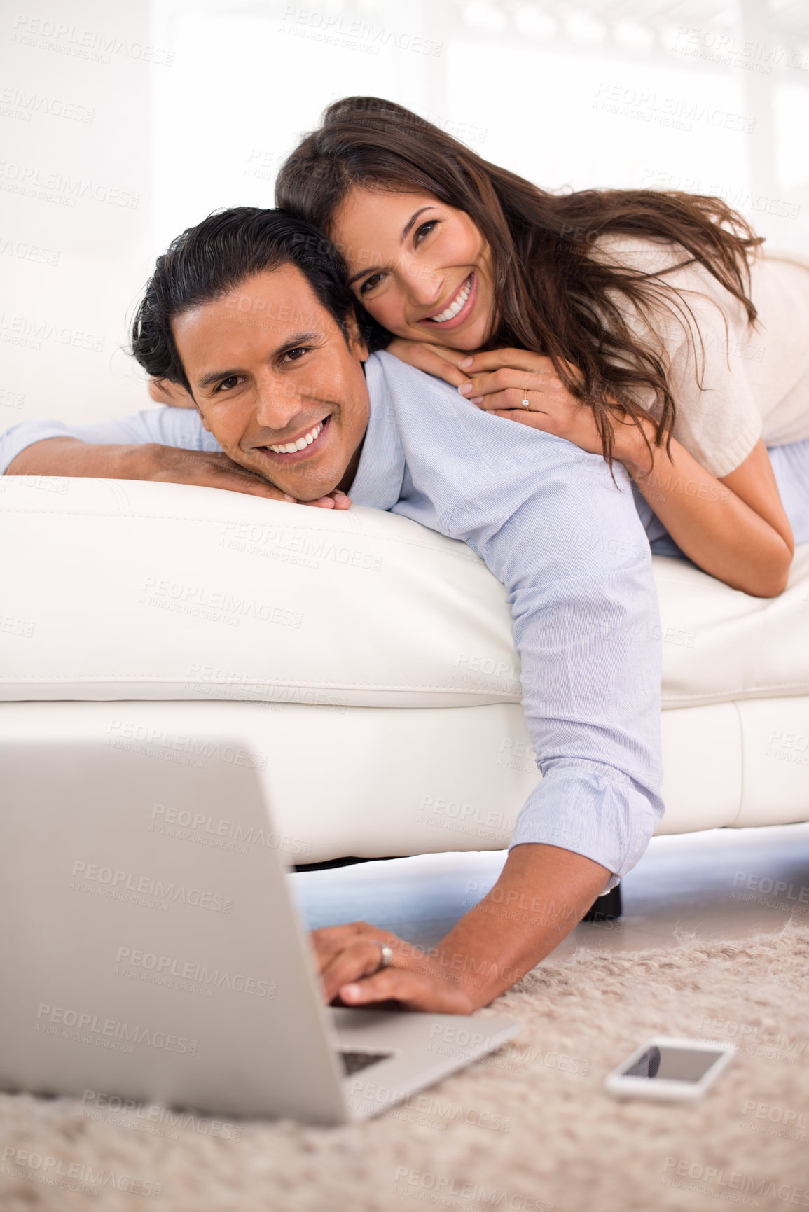 Buy stock photo Portrait, couple and laptop on romantic date for relaxing, streaming or browsing on couch at home. Phone, husband and wife in love and happy for typing, bonding and together with social media