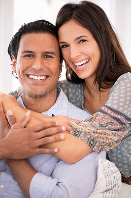 Buy stock photo Smile, hug and portrait of couple on couch for weekend bonding, romance and connection in home. Love, support and trust in marriage, man and happy woman on sofa with embrace, wellness and relax.