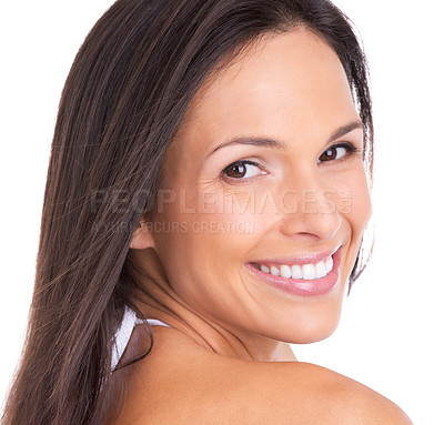 Buy stock photo Portrait, skincare and smile with aesthetic woman in studio isolated on white background for wellness. Face, beauty or makeup and happy, natural young person looking satisfied with dermatology