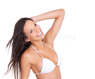 Buy stock photo Happy, woman and bikini with thinking, makeup and laughing with smile in a studio. Cosmetics, skincare and dermatology with relax female person with skin glow and natural beauty with white background