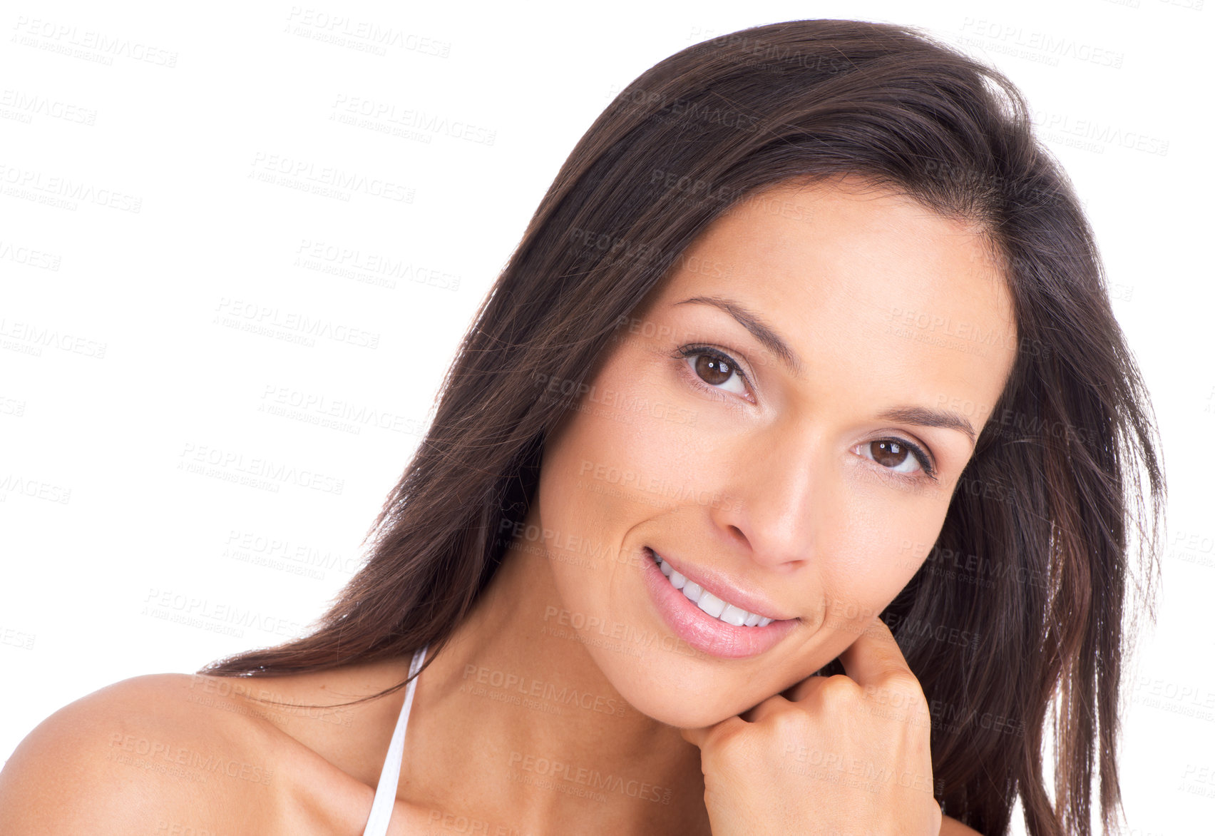 Buy stock photo Portrait, beauty and makeup with aesthetic woman in studio isolated on white background for wellness. Face, skincare or smile and happy, natural young person looking satisfied with dermatology