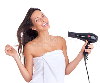Buy stock photo Woman, portrait and blow dryer or haircare in studio with salon tool with towel for morning routine, white background or style. Female person, equipment and heat for beauty, texture or mockup space
