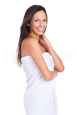 Buy stock photo Woman, portrait and shower with towel from spa, treatment or morning routine in studio. Skincare, smile and body cleaning with arms crossed and dermatology with cosmetics and white background
