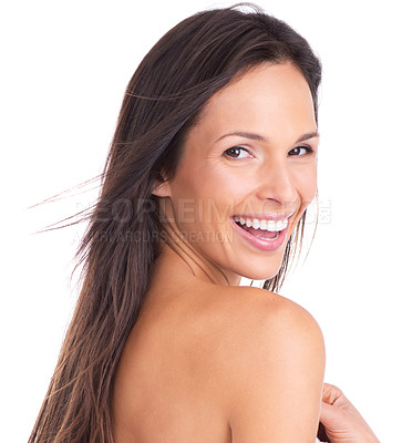Buy stock photo Portrait, beauty and smile with woman laughing in studio isolated on white background for wellness. Face, skincare or makeup and happy, funny or positive young person looking satisfied in dermatology