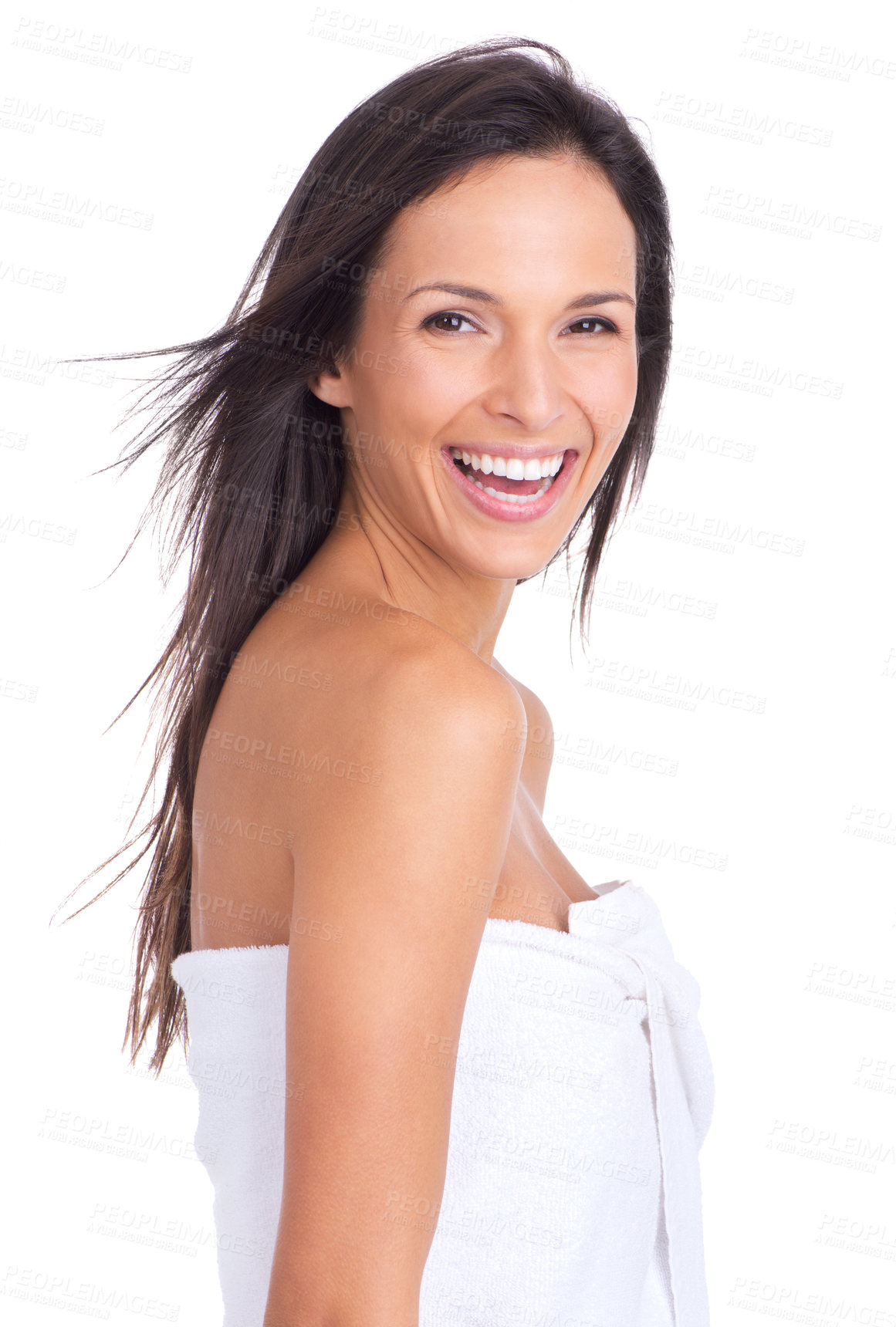 Buy stock photo Woman, portrait and laughing with towel from spa, shower or morning routine or treatment in studio. Skincare, smile and body cleaning with beauty and dermatology with cosmetics and white background
