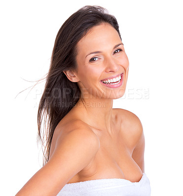 Buy stock photo Portrait, beauty and laughing with aesthetic woman in studio isolated on white background for wellness. Face, skincare or makeup and funny, natural young person looking satisfied with dermatology