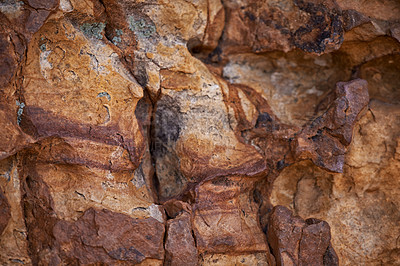 Buy stock photo Rock face, closeup and mountain in nature, natural or travel outdoor with wall. Cliff, stone and environment for bouldering, climbing and texture of surface in summer on a background in South Africa