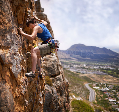 Buy stock photo Rock climbing, woman and fitness with adventure, challenge and gear to explore in nature on mountain. Cliff, hiking and sport with athlete and rope for workout, exercise and climber training outdoor