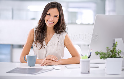 Buy stock photo Motivated business analyst with computer ready to help plan strategy, check data reports or monitor company growth. Portrait of professional with vision for progress, profit and development in office