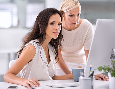 Buy stock photo Two businesswomen conferring with one another on a project