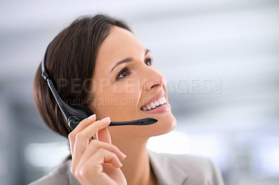 Buy stock photo Businesswoman, customer service and smile with thinking in office for planning, communication and support. Agent, headset and mockup with vision for consulting, client and help for telemarketing