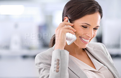 Buy stock photo Happy, thinking and woman with professional phone call in office for communication of investment. Investor, smile and networking on smartphone with information for client on stocks, strategy or idea