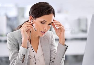 Buy stock photo Call center, woman and consultant for telemarketing or communication with headset, microphone and contact us. Customer support, employee and agent with consulting, help desk and advisor in workplace
