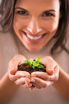 Buy stock photo Woman, hands and plant with smile, soil and nature for future hope and growth. Person, environment and leaf for sustainability, accountability and future development or green energy with startup