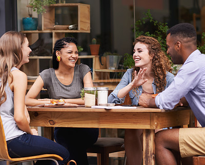Buy stock photo Friends, relax with people at cafe and conversation for bonding, diversity and trust outdoor in San Francisco. Support, loyalty and friendship date in coffee shop for social gathering or reunion