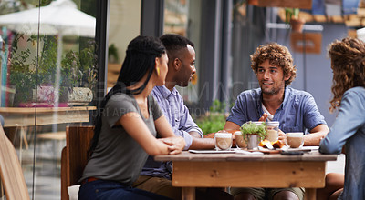 Buy stock photo Drinks, chat and friends in restaurant together for bonding, fun social gathering and conversation. Coffee shop, brunch and people relax in sidewalk cafe for reunion, meeting and happy discussion.