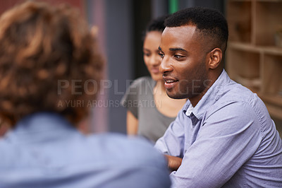 Buy stock photo Friends, people relax together at cafe and bonding with conversation, diversity and trust outdoor in San Francisco. Support, loyalty and friendship date in coffee shop for social gathering or reunion