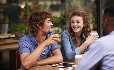 Buy stock photo Friends, smile and coffee at cafe for fun, conversation and bonding together in San Francisco. Happy, gen z people and tea with playful, discussion and joke for rest and relaxation at restaurant