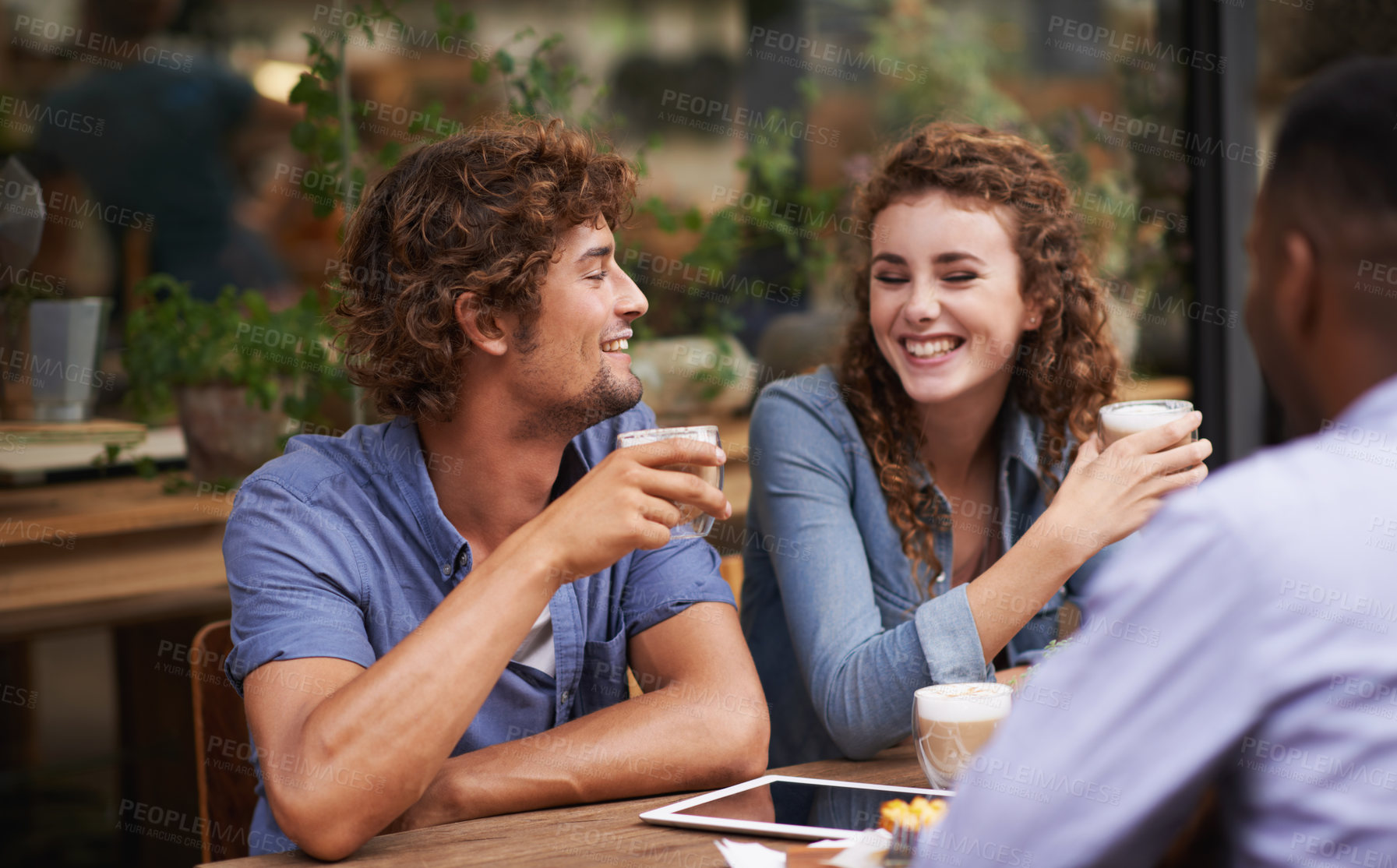 Buy stock photo Friends, smile and coffee at cafe for fun, conversation and bonding together in San Francisco. Happy, gen z people and tea with playful, discussion and joke for rest and relaxation at restaurant
