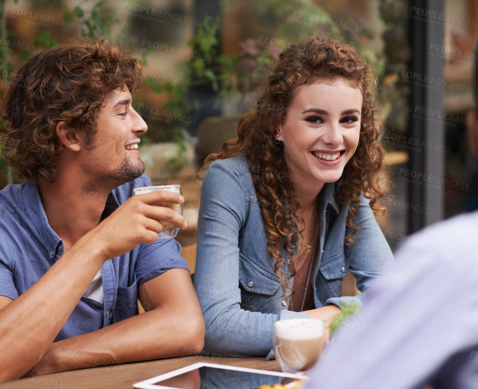 Buy stock photo Portrait, woman and friends at coffee shop for fun, conversation and bonding together in Dublin. Happy, female person and smile for playful, discussion and rest and relaxation at outside venue