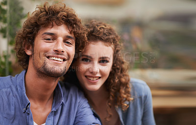 Buy stock photo Happy, smile and portrait of couple at coffee shop on romantic, anniversary or morning date. Love, positive and young man and woman bonding at cafeteria or restaurant for cappuccino together.