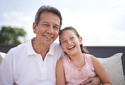Buy stock photo Happy, grandpa and girl in portrait outdoor on holiday or vacation together in retirement with love. Senior, man and grandparent relax with child in backyard, garden or embrace in Mexico with care