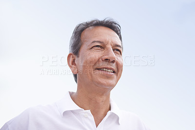 Buy stock photo Outdoor, portrait and mature man relax with smile on face for sun in summer, cloudless and blue sky. Elderly person, happy and enjoying nature, outside and retirement as senior, pensioner and old