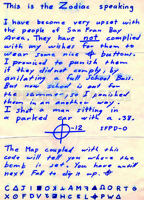 Buy stock photo Parchment, letter and note on document for communication from the Zodiac killer with script, font or handwritten. Paper, writing and historical paperwork with english language, manuscript or message 