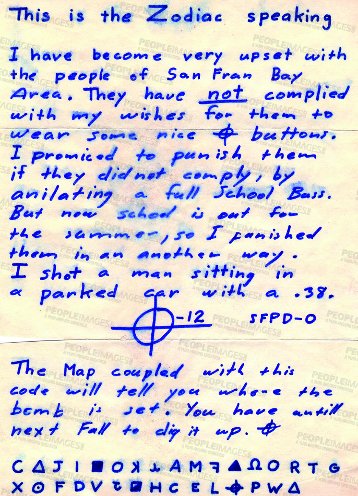 Buy stock photo Parchment, letter and note on document for communication from the Zodiac killer with script, font or handwritten. Paper, writing and historical paperwork with english language, manuscript or message 