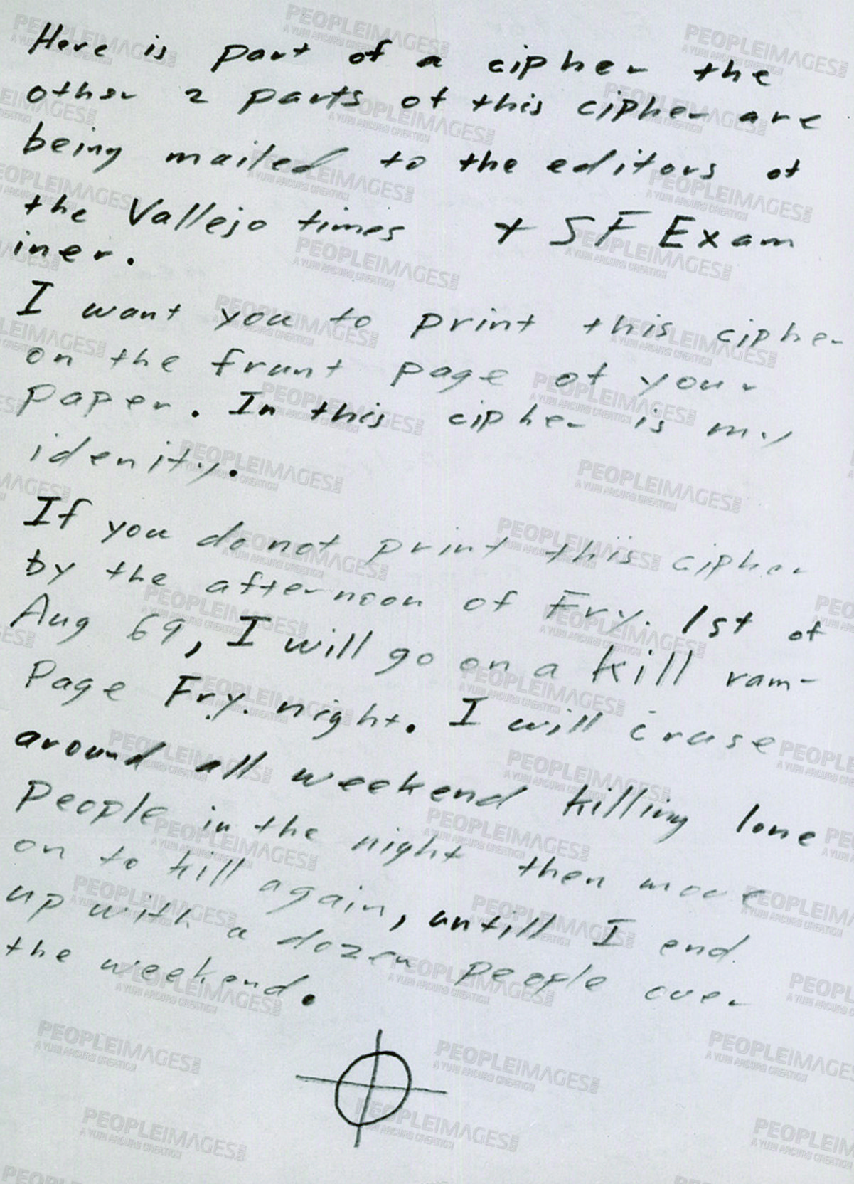 Buy stock photo Letter, handwriting and word message on paper from zodiac serial killer, criminal or high profile murderer. Zoom, texture and ink detail or handwritten documents, vintage note and code communication