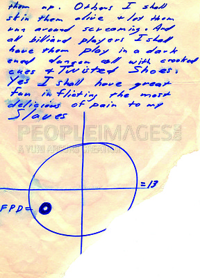 Buy stock photo Parchment, letter and writing on document for manuscript from the Zodiac killer with script, font or handwritten. Paper, note and historical paperwork with english language, communication or message 