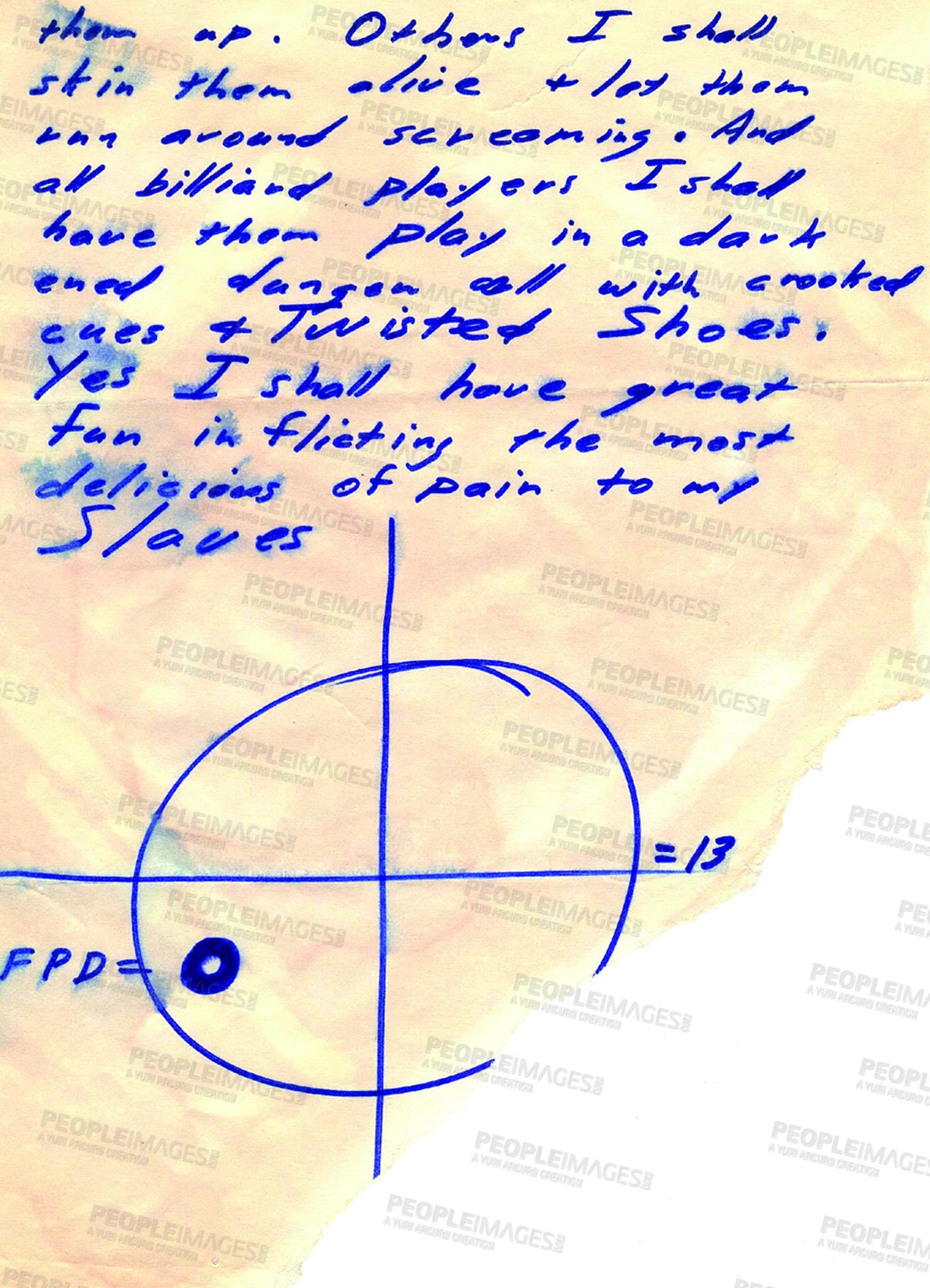 Buy stock photo Parchment, letter and writing on document for manuscript from the Zodiac killer with script, font or handwritten. Paper, note and historical paperwork with english language, communication or message 