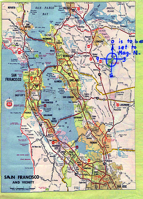 Buy stock photo Map, atlas and travel directions for tourist, tourism document with compass navigation and adventure destination. California, searching area and planning route for freedom, vacation and holiday