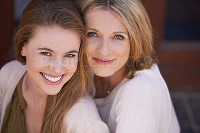 Buy stock photo Loving, family and portrait mother and daughter smiling for happy, joyful and relax on vacation. Women, face and affectionate in relationship, security and bonding in America at home for connection