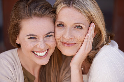 Buy stock photo Happy family, portrait and face of mother and daughter with embrace for support, trust or care at home. Closeup of female person or parent with smile for bonding, parenthood or relationship at house