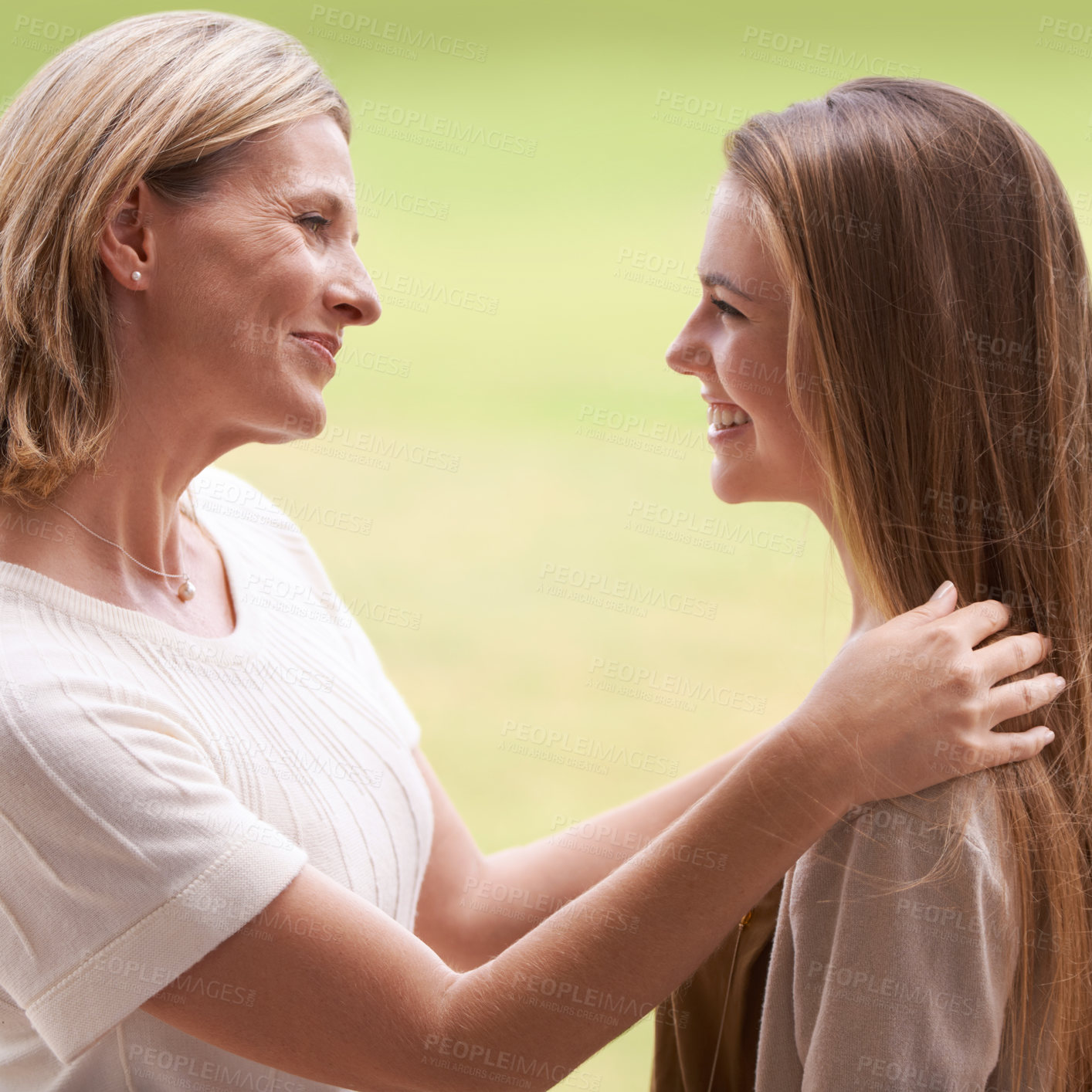 Buy stock photo Women, mother and daughter with embrace, happy and mature person with connection, care and love. Mom, girl and family with bonding, reunion and support with relationship, smile and together by grass