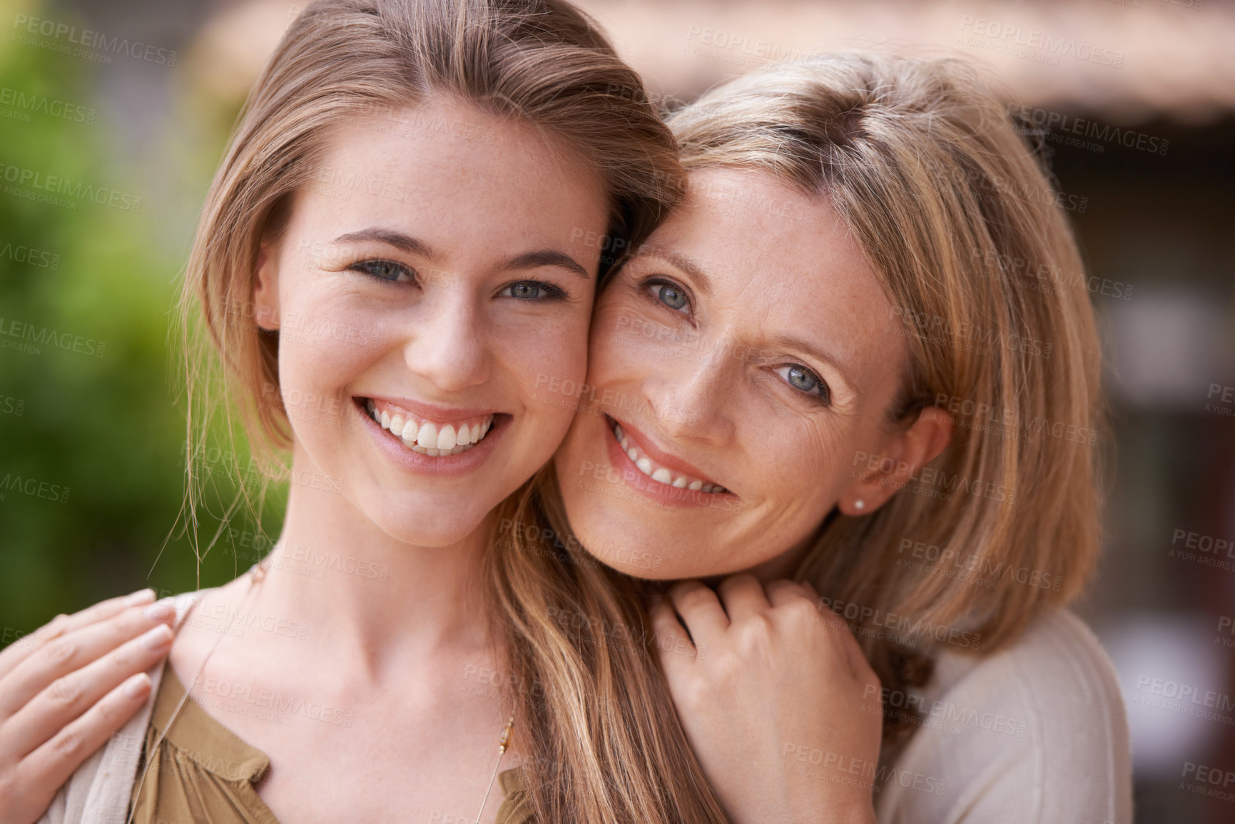 Buy stock photo Smile, hug and portrait of a mother and daughter with happiness, love and care in a garden. Parents, family and a mature mom hugging a happy woman for affection, content and together in a backyard