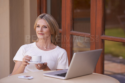 Buy stock photo Thinking mature woman, coffee or remote working on outside table, home garden and entrepreneur for small business. Freelance writer, blogger or self employed, planning or research for ideas on laptop