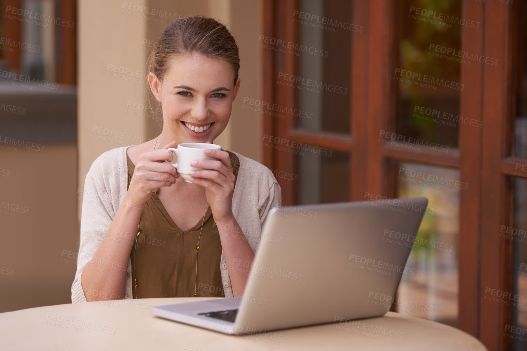 Buy stock photo Happy woman, portrait and coffee with laptop on table for morning, remote work or drink at home. Young female person or freelancer with smile, beverage or cup of tea by computer for online networking