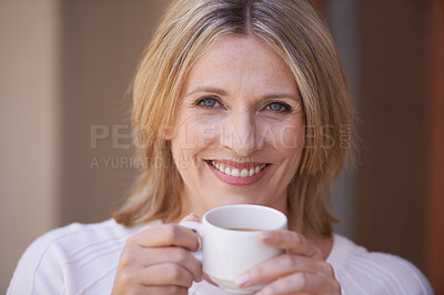Buy stock photo Portrait, happy and mature woman with coffee for morning, ambition or fresh cup of tea to start the day. Face of female person with smile, beverage or latte for caffeine drink at cafe or restaurant