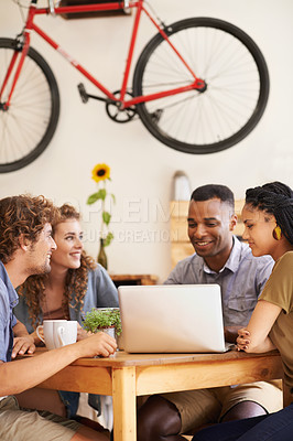 Buy stock photo Business people, planning and happy group on laptop in cafe for remote work in startup. Computer, diverse team or friends in coffee shop for collaboration, meeting or creative designers brainstorming