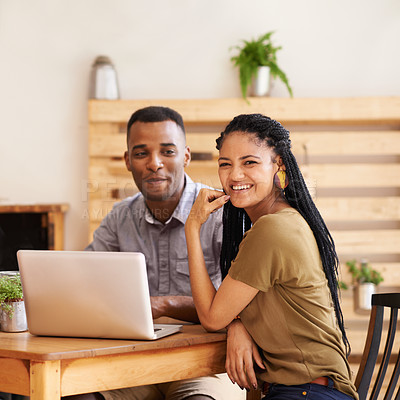 Buy stock photo Woman, man and teamwork with laptop in coffee shop for startup or research, project planning or collaboration. Friends, smile and internet in cafe with digital connectivity, proposal or remote work